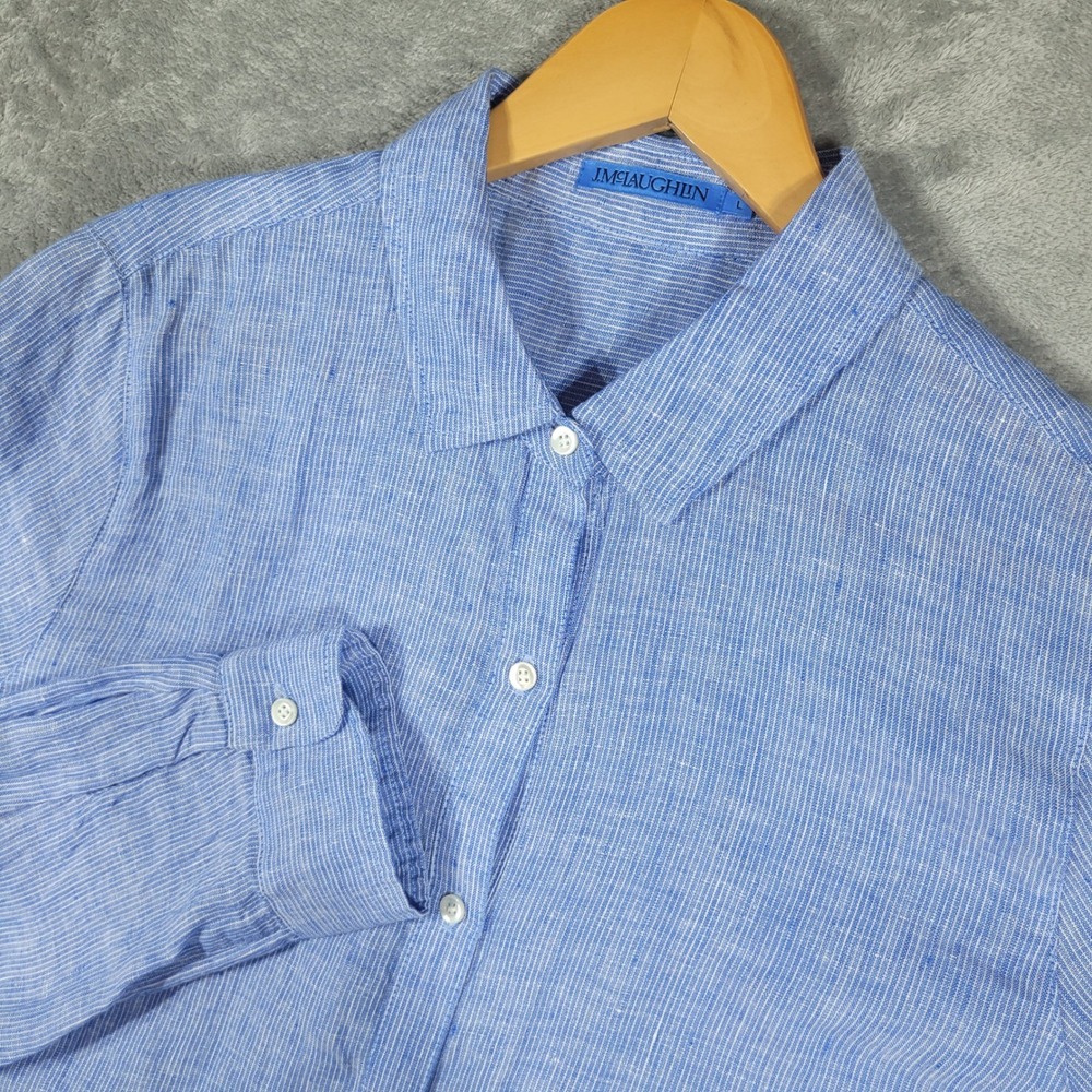 J.McLaughlin Shirt Womens Large Blue Striped 100% Linen Button Up Coastal Preppy